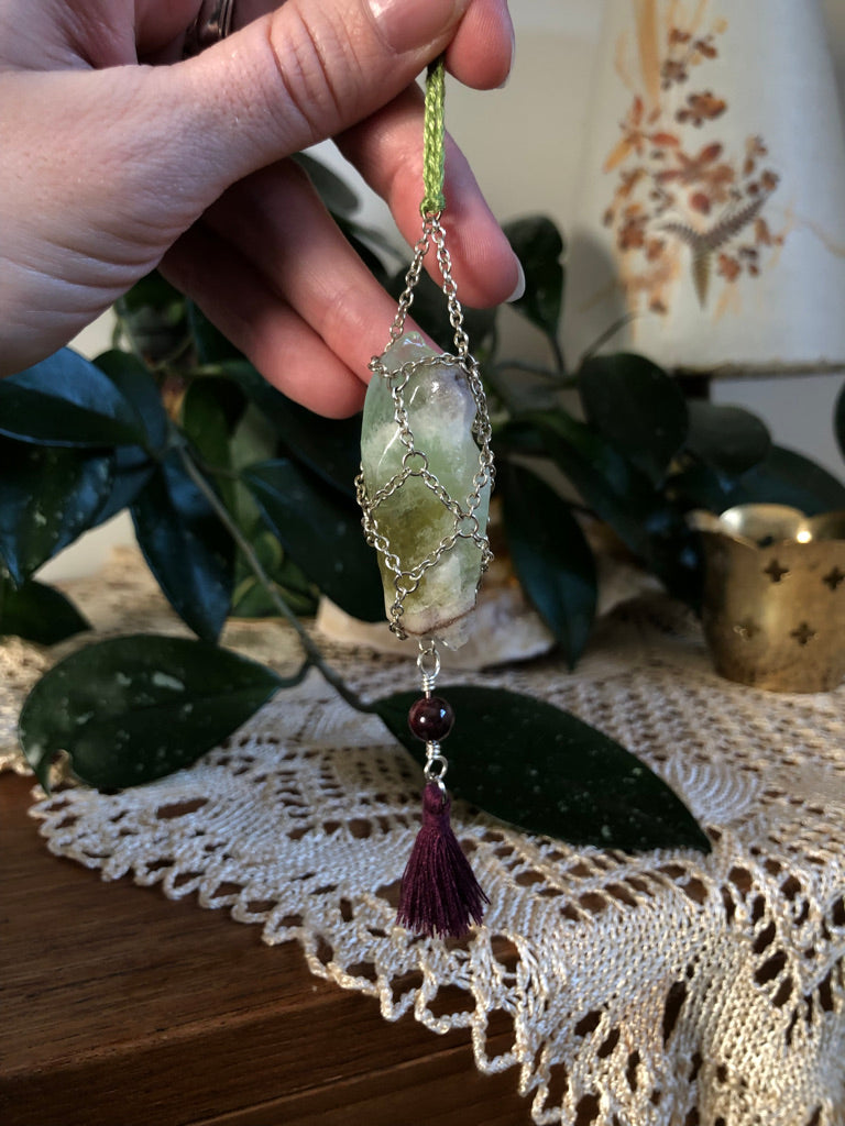 Handmade Green Calcite Necklace with Garnet