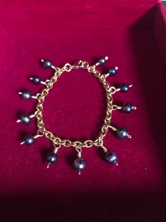 Gold Black Pearl Charm Bracelet